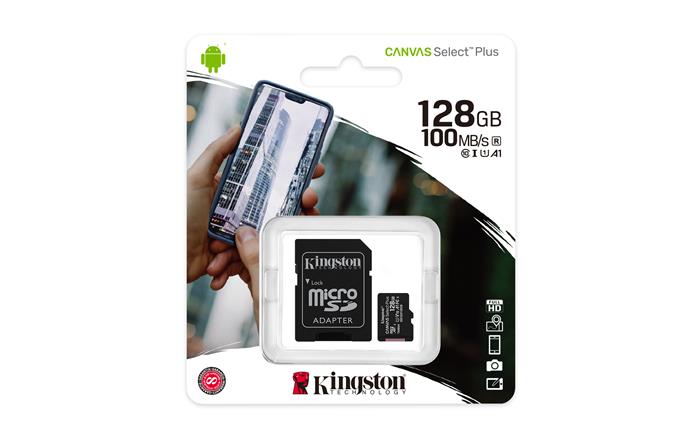 KINGSTON "Canvas Select Plus Memóriakártya, microSDXC, 128GB, CL10/UHS-I/U1/V10/A1, adapterrel