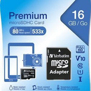 VERBATIM "Premium" Memóriakártya, microSDHC, 16GB, CL10/U1, 45/10 MB/s, adapter,